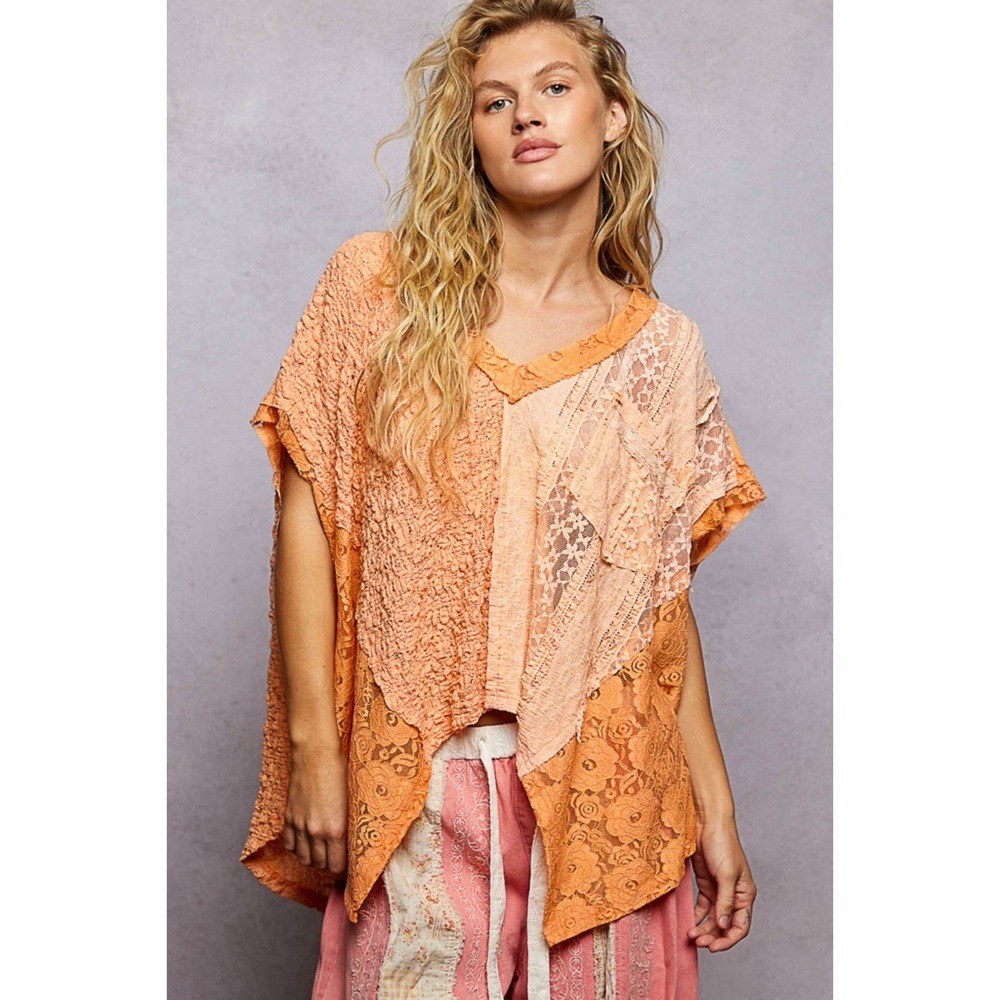 POL Orange Lace Patchwork Knit Top | Oversized V Neck Short Sleeve - Picture 7 of 7